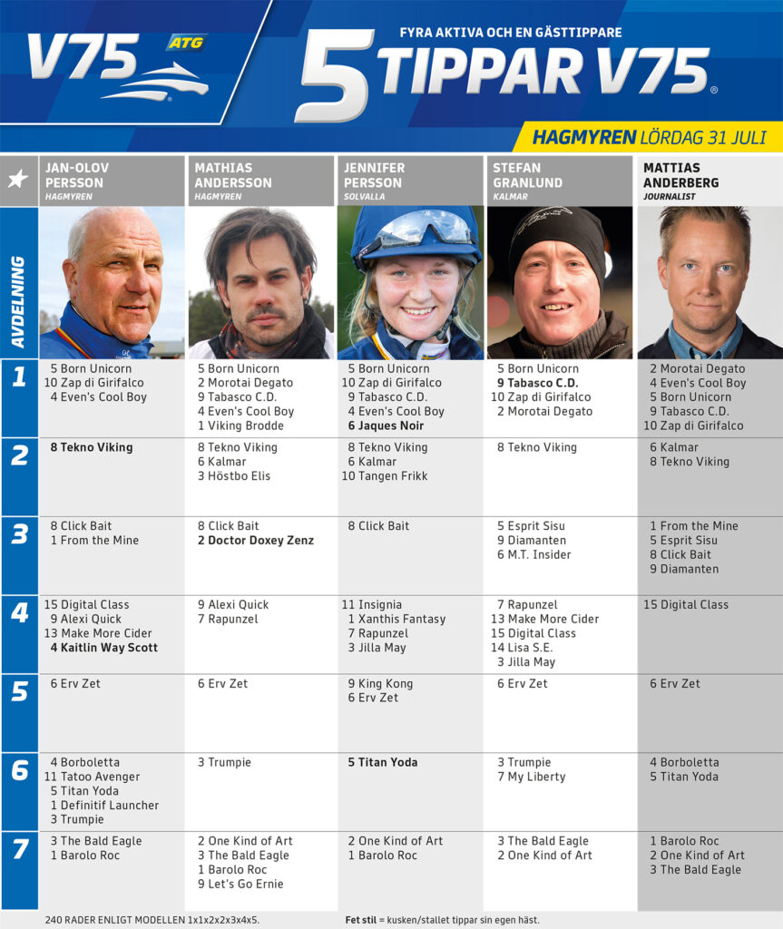 Fem Tippar V75 Hagmyren lördag 31 juli