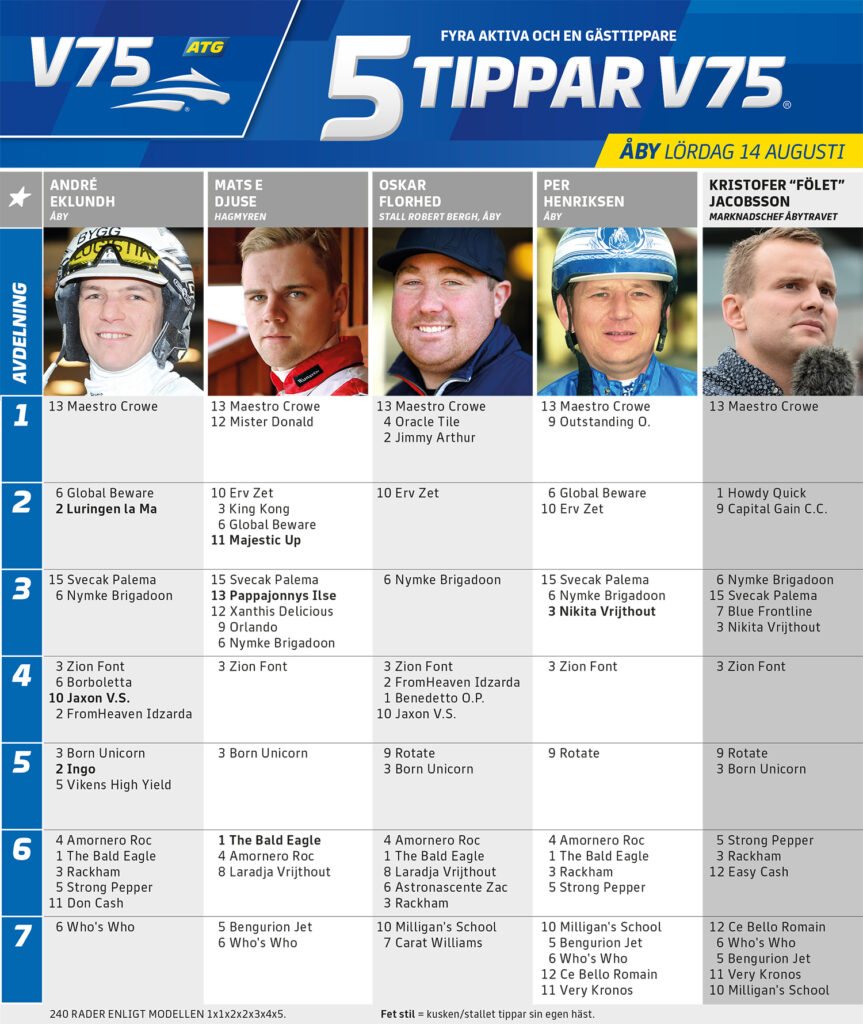 Fem Tippar V75 Åby lördag 14 augusti