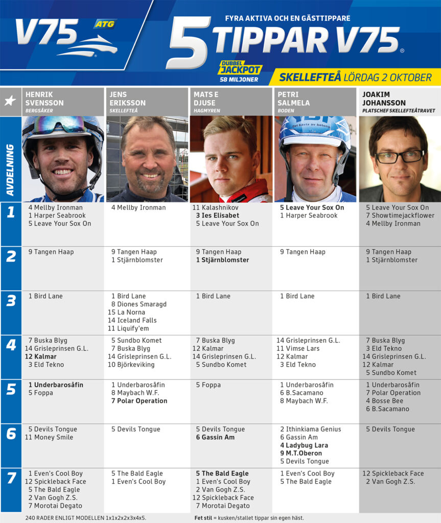 Fem Tippar V75 Skellefteå lördag 2 oktober