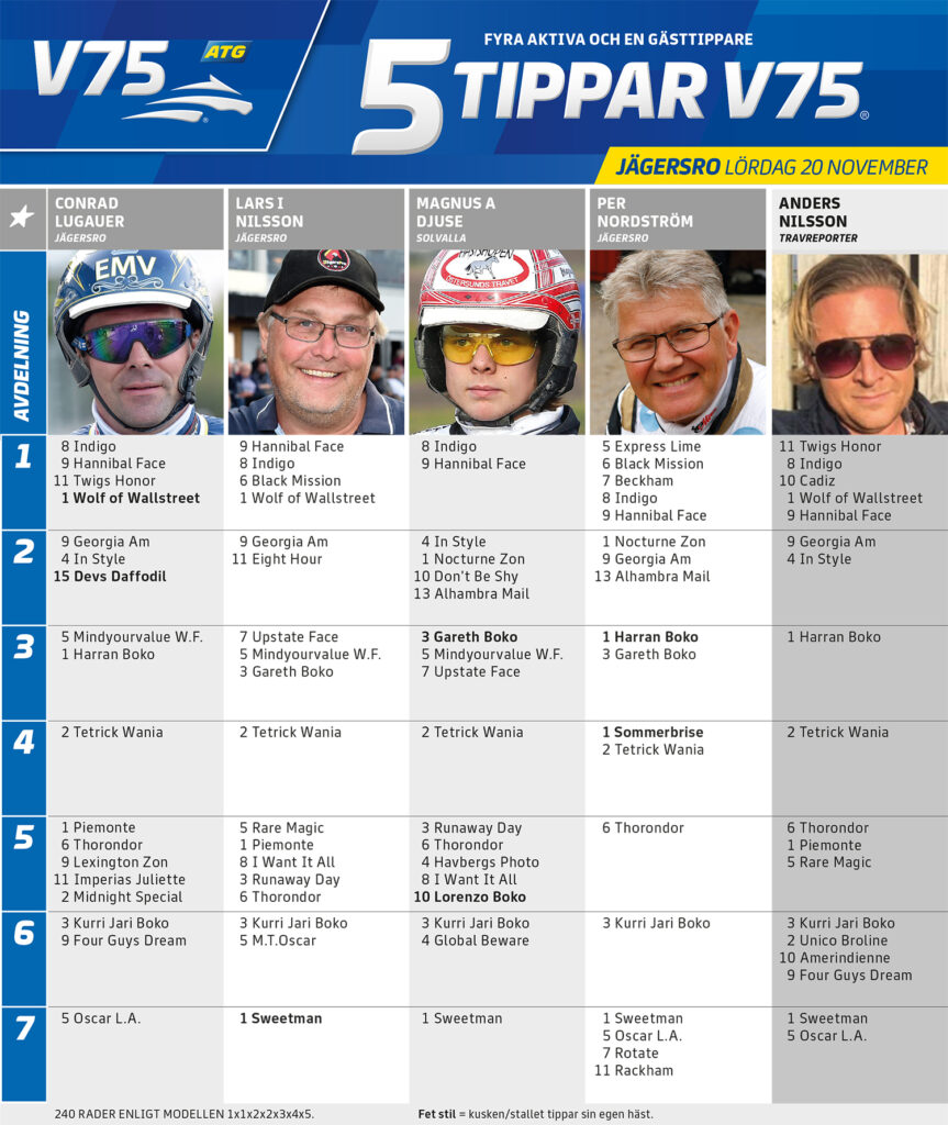 Fem Tippar V75 Jägersro lördag 20 november