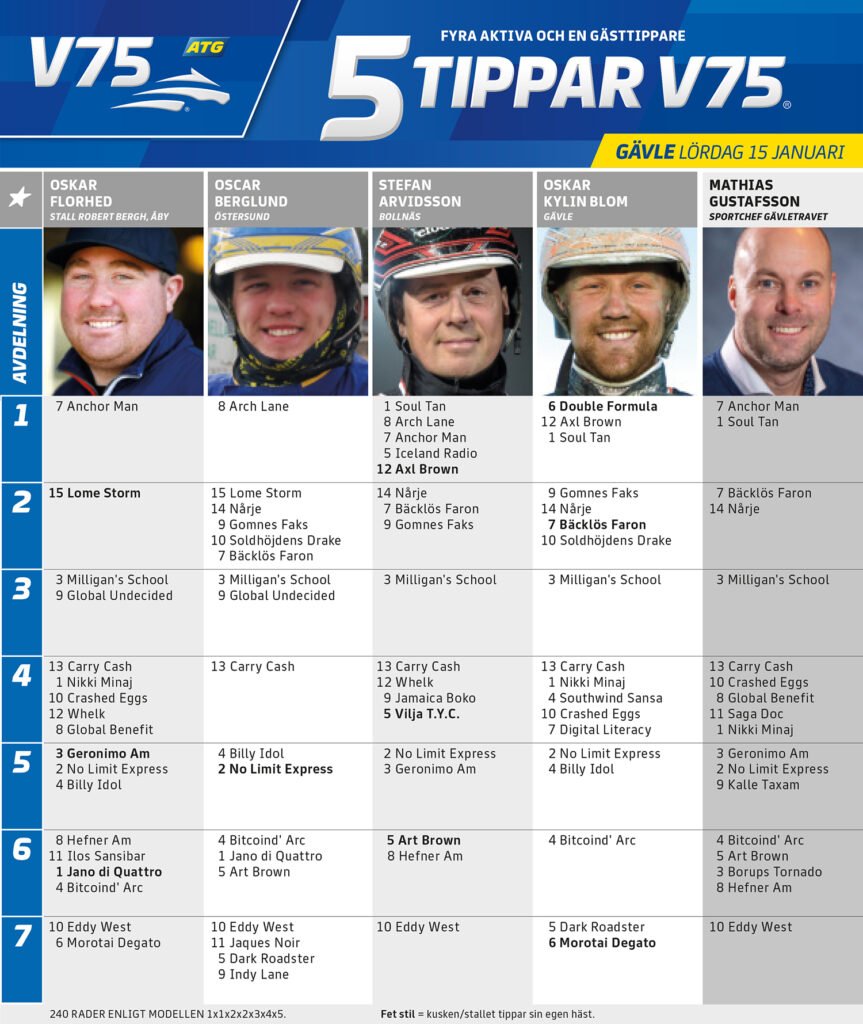 Fem Tippar V75 Gävle lördag 15 januari