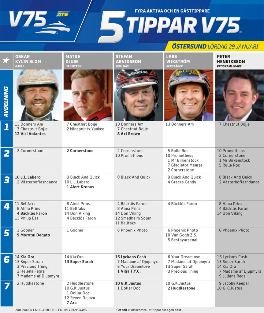 Fem Tippar V75 Östersund lördag 29 januari