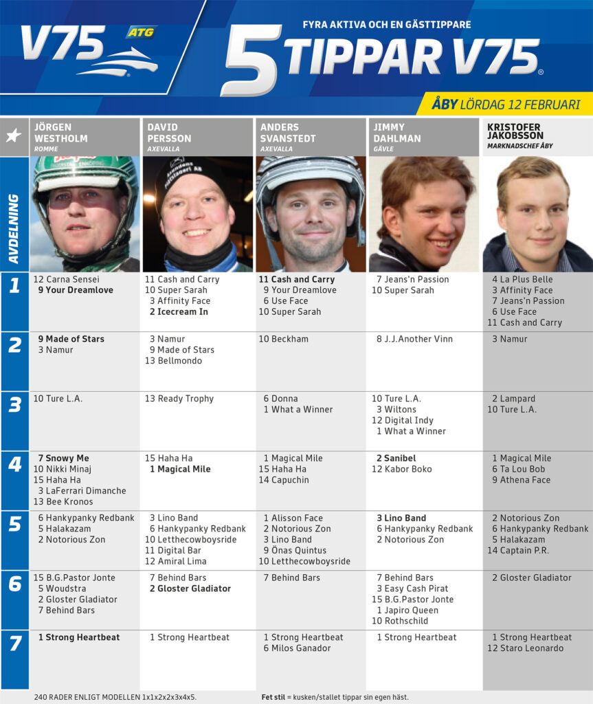 Fem Tippar V75 Åby lördag 12 februari