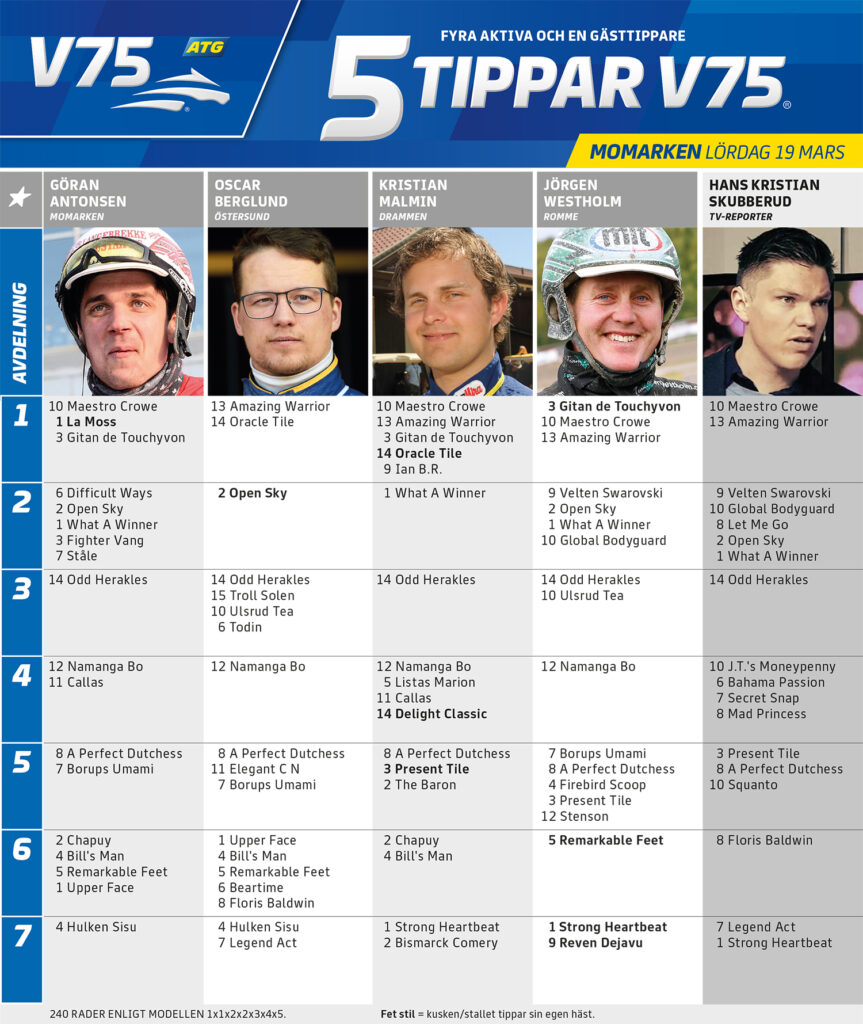 Fem Tippar V75 Momarken lördag 19 mars