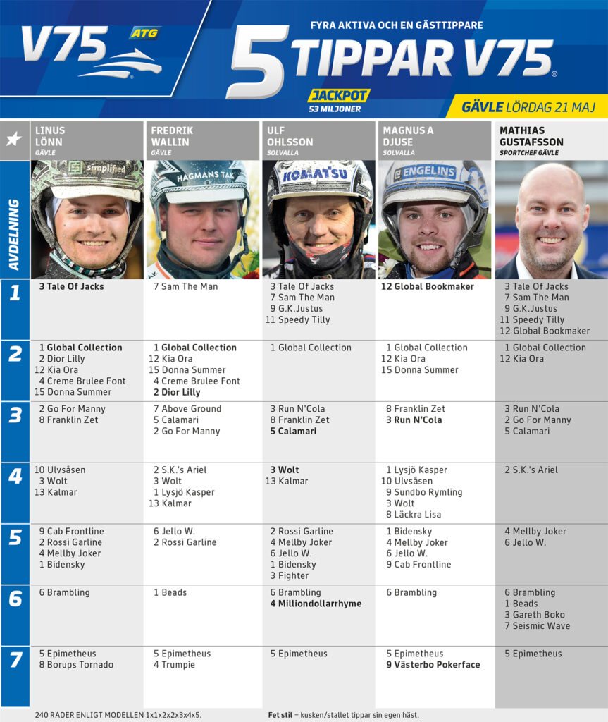 Fem Tippar V75 Gävle lördag 21 maj