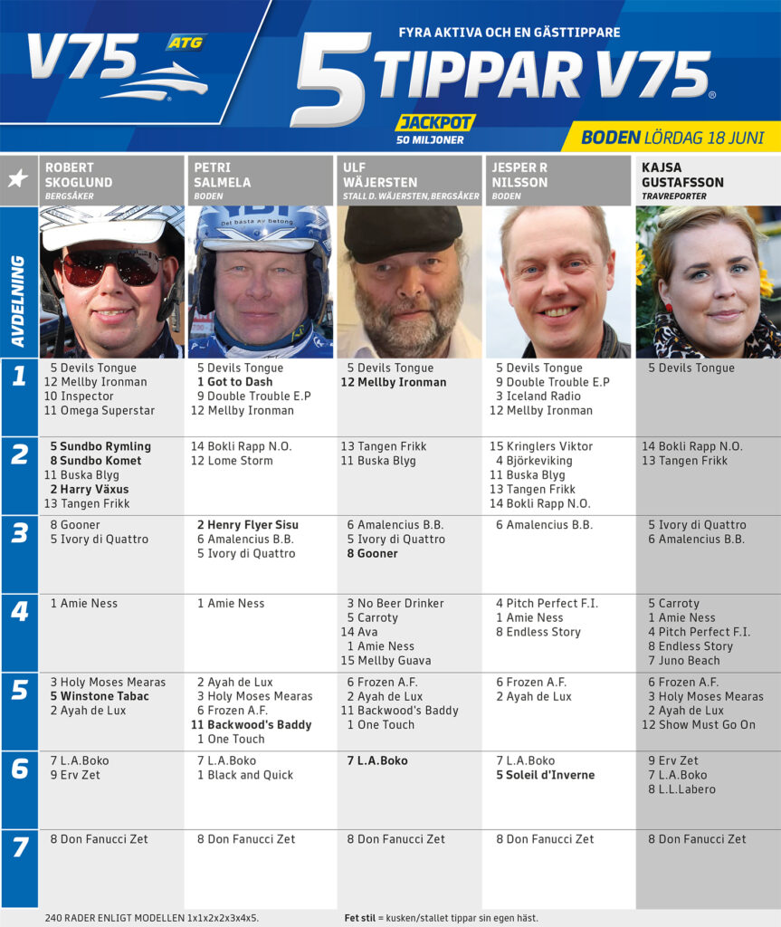 Fem Tippar V75 Boden lördag 18 juni