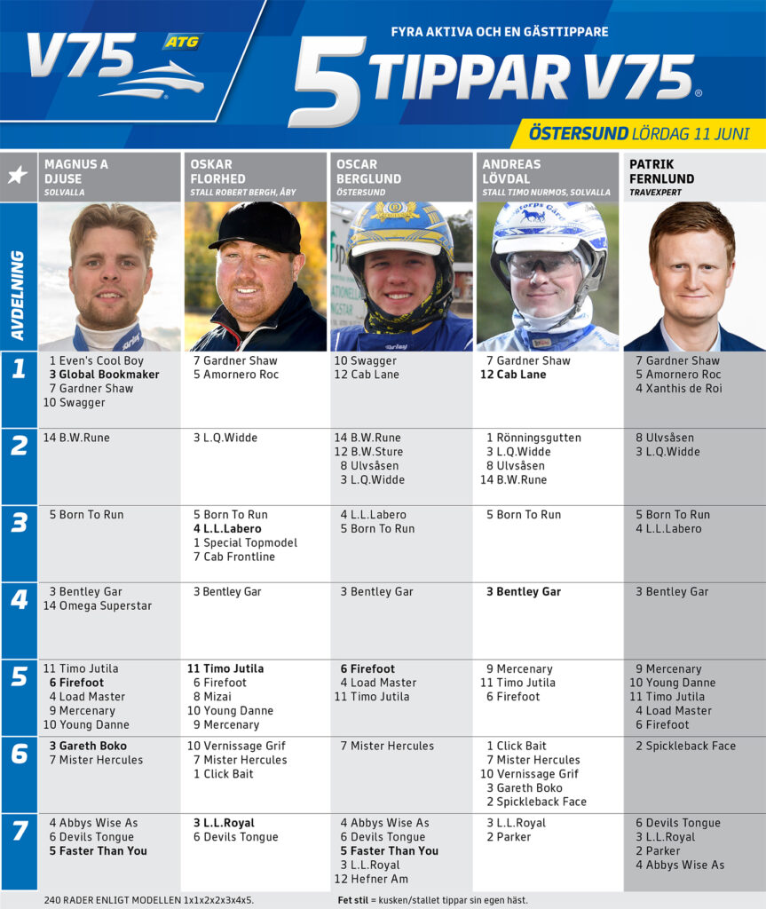Fem Tippar V75 Östersund lördag 11 juni