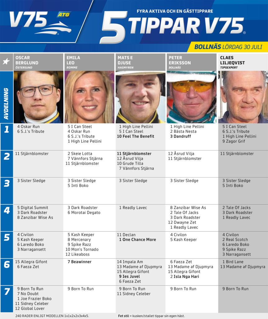 Fem Tippar V75 Bollnäs lördag 30 juli