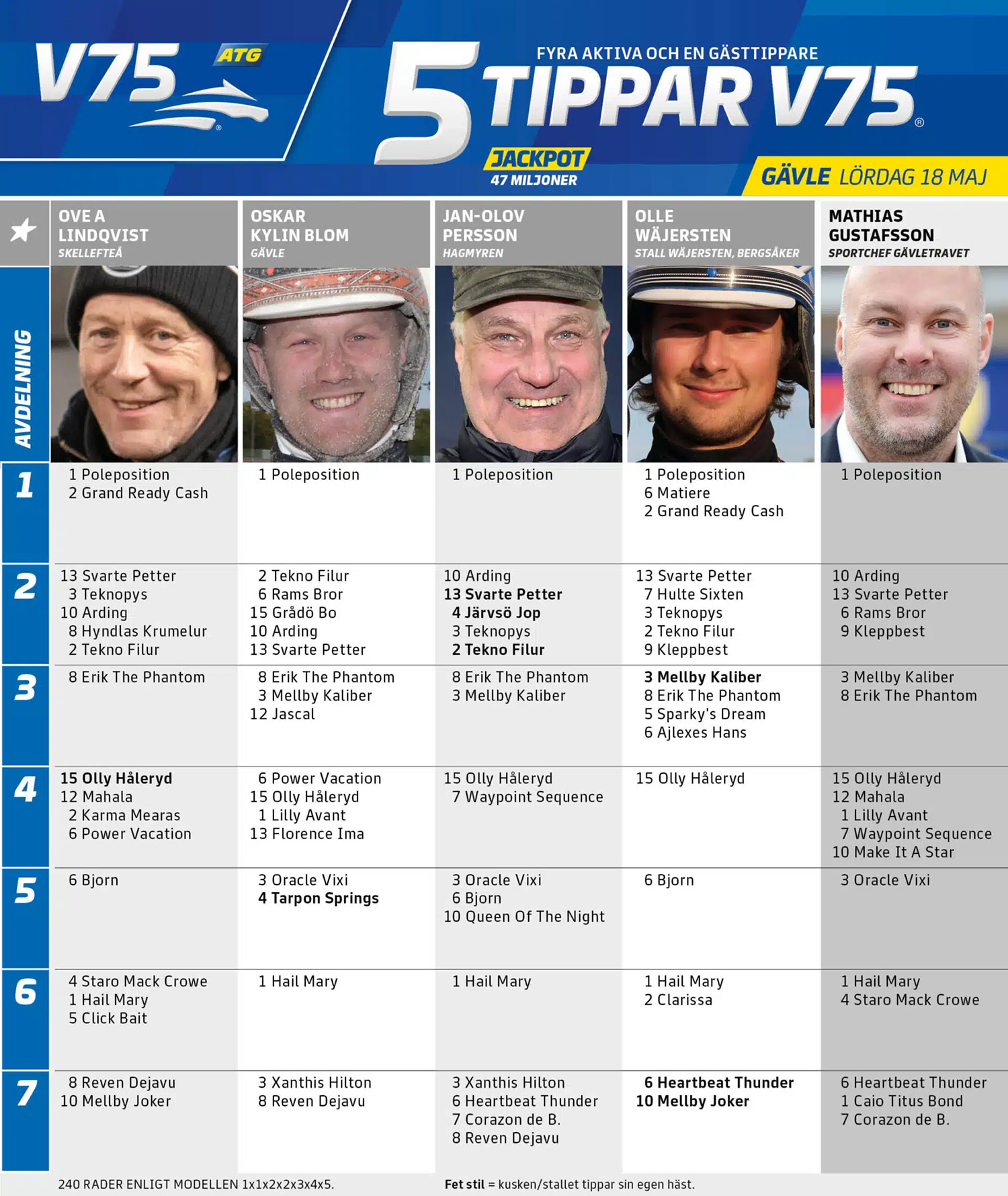 Fem Tippar V75 Gävle lördag 18 maj