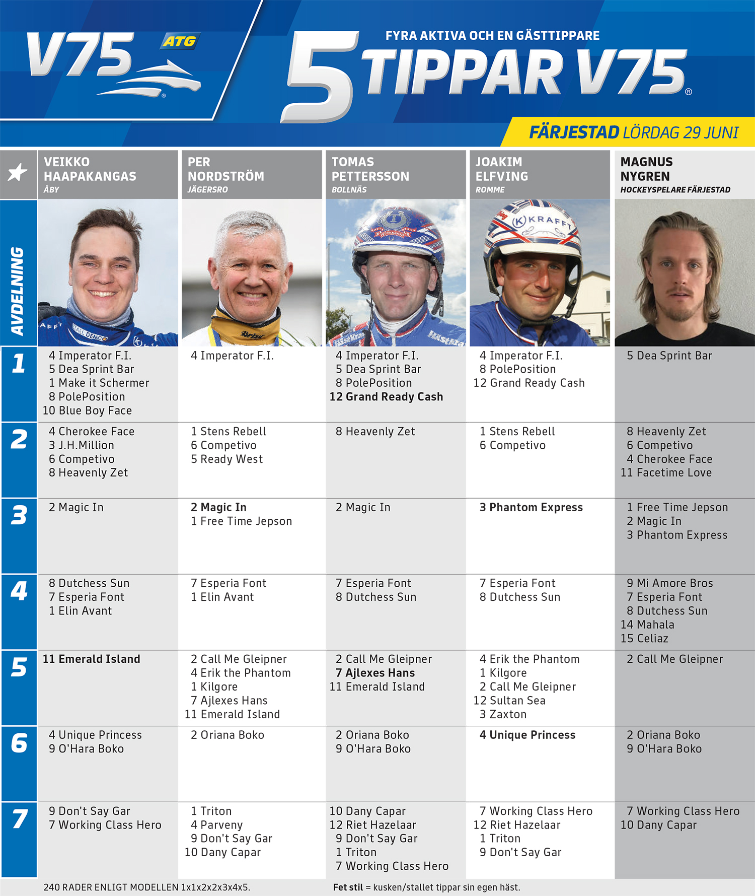 Fem Tippar V75 Färjestad lördag 29 juni