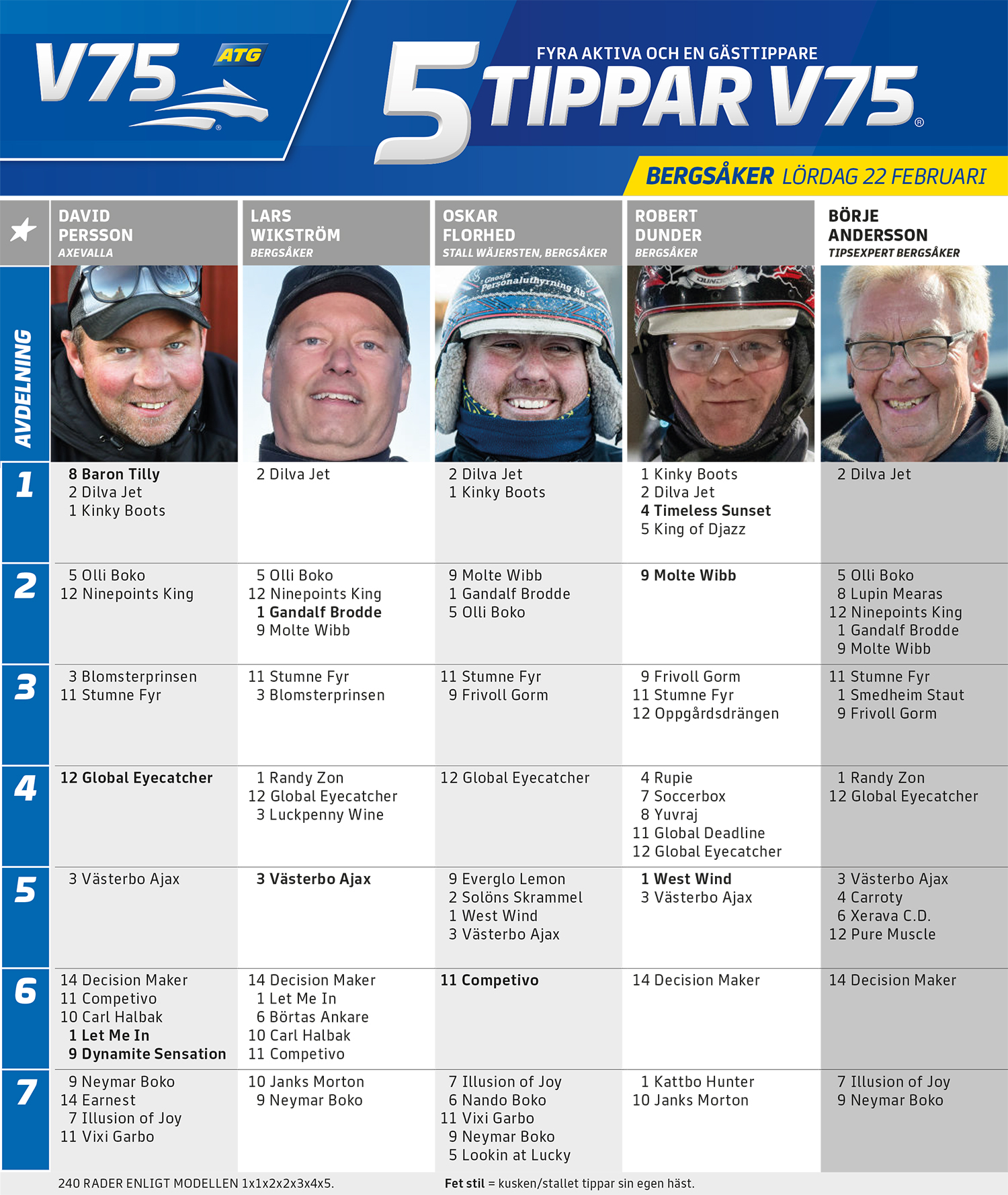 Fem Tippar V75 Bergsåker lördag 22 februari