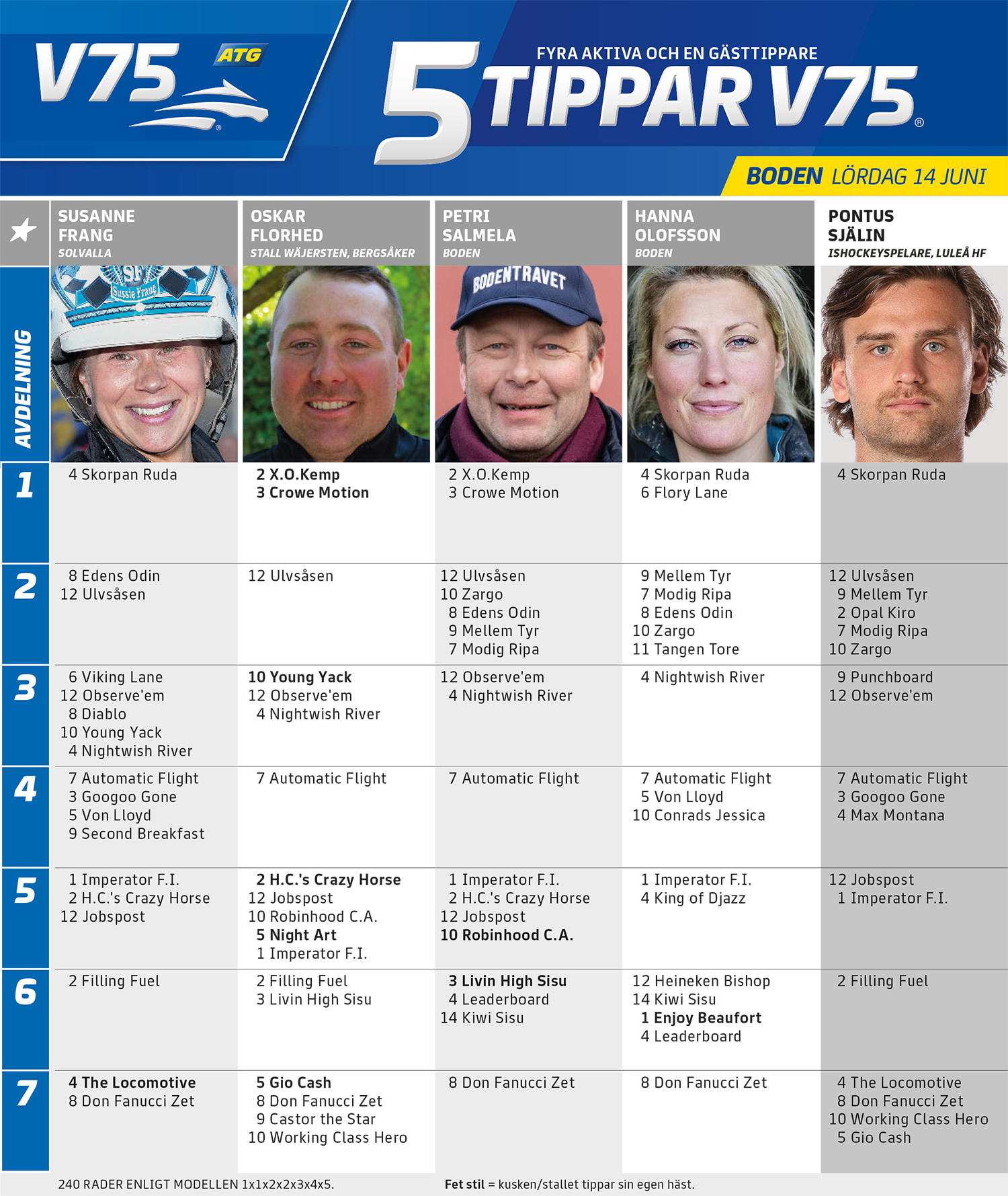 Fem Tippar V75 Boden lördag 14 juni