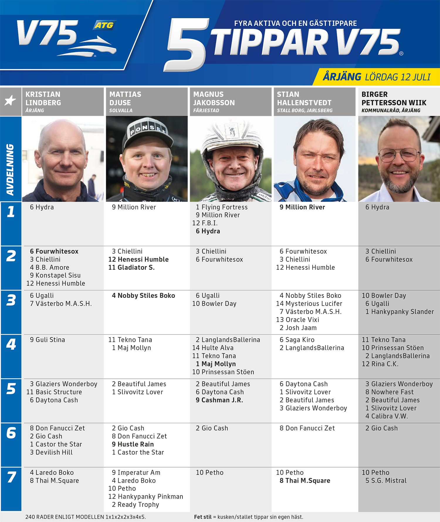 Fem Tippar V75 Årjäng lördag 12 juli
